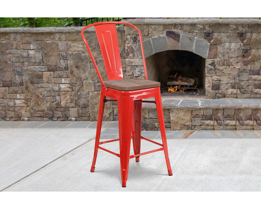 BLNK Lily Metal Counter Height Stool with Back and Wood Seat - Red