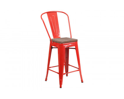 BLNK™ Lily Metal Counter Height Stool with Back and Wood Seat - Red