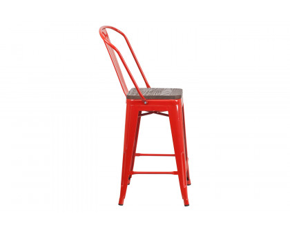 BLNK™ Lily Metal Counter Height Stool with Back and Wood Seat - Red