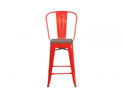 BLNK™ Lily Metal Counter Height Stool with Back and Wood Seat - Red