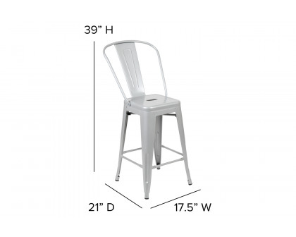 BLNK Kai Commercial Metal Indoor-Outdoor Counter Height Stool with Removable Back - Silver