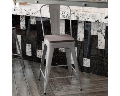 BLNK Kai Commercial Metal Indoor-Outdoor Counter Height Stool with Removable Back and All-Weather Poly Resin Seat - Silver/Gray