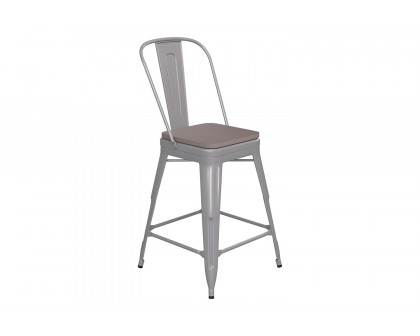 BLNK Kai Commercial Metal Indoor-Outdoor Counter Height Stool with Removable Back and All-Weather Poly Resin Seat - Silver/Gray