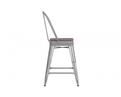 BLNK Kai Commercial Metal Indoor-Outdoor Counter Height Stool with Removable Back and All-Weather Poly Resin Seat - Silver/Gray