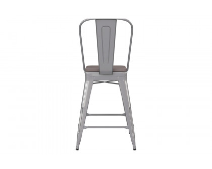 BLNK Kai Commercial Metal Indoor-Outdoor Counter Height Stool with Removable Back and All-Weather Poly Resin Seat - Silver/Gray