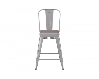 BLNK Kai Commercial Metal Indoor-Outdoor Counter Height Stool with Removable Back and All-Weather Poly Resin Seat - Silver/Gray