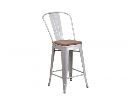 BLNK Lily Metal Counter Height Stool with Back and Wood Seat - Silver