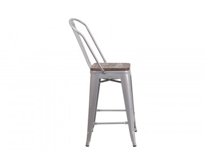 BLNK Lily Metal Counter Height Stool with Back and Wood Seat - Silver