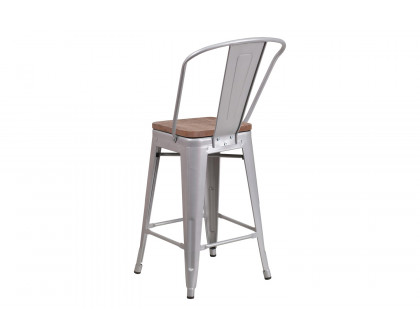 BLNK Lily Metal Counter Height Stool with Back and Wood Seat - Silver