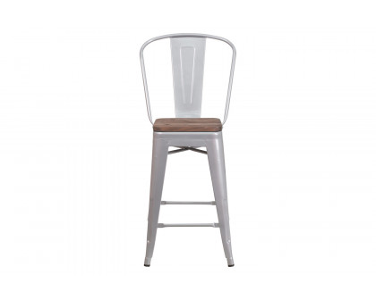 BLNK Lily Metal Counter Height Stool with Back and Wood Seat - Silver