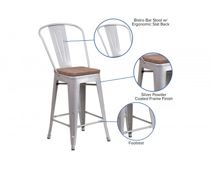 BLNK Lily Metal Counter Height Stool with Back and Wood Seat - Silver