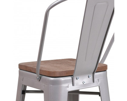 BLNK Lily Metal Counter Height Stool with Back and Wood Seat - Silver