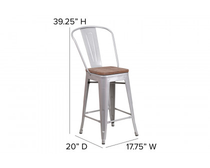 BLNK Lily Metal Counter Height Stool with Back and Wood Seat - Silver