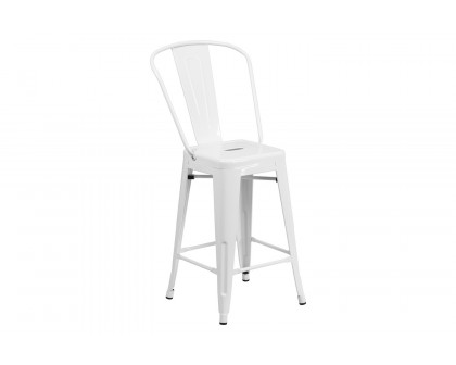 BLNK Kai Commercial Metal Indoor-Outdoor Counter Height Stool with Removable Back - White