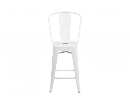 BLNK Kai Commercial Metal Indoor-Outdoor Counter Height Stool with Removable Back - White