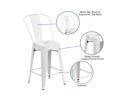 BLNK Kai Commercial Metal Indoor-Outdoor Counter Height Stool with Removable Back - White