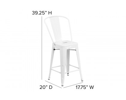 BLNK Kai Commercial Metal Indoor-Outdoor Counter Height Stool with Removable Back - White