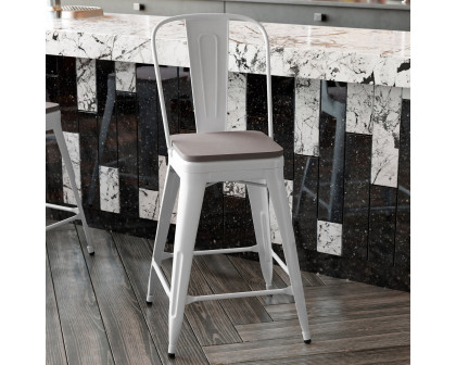 BLNK Kai Commercial Metal Indoor-Outdoor Counter Height Stool with Removable Back and All-Weather Poly Resin Seat - White/Gray