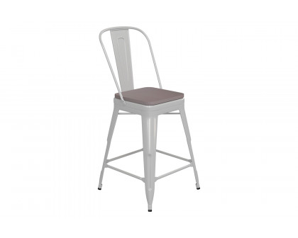 BLNK Kai Commercial Metal Indoor-Outdoor Counter Height Stool with Removable Back and All-Weather Poly Resin Seat - White/Gray