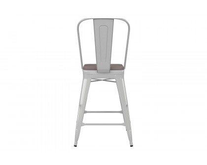 BLNK Kai Commercial Metal Indoor-Outdoor Counter Height Stool with Removable Back and All-Weather Poly Resin Seat - White/Gray