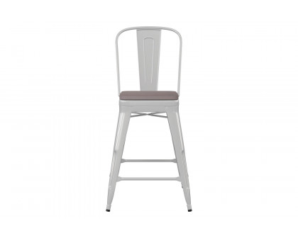 BLNK Kai Commercial Metal Indoor-Outdoor Counter Height Stool with Removable Back and All-Weather Poly Resin Seat - White/Gray