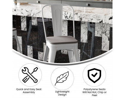 BLNK Kai Commercial Metal Indoor-Outdoor Counter Height Stool with Removable Back and All-Weather Poly Resin Seat - White/Gray