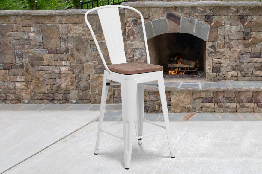 BLNK™ Lily Metal Counter Height Stool with Back and Wood Seat - White