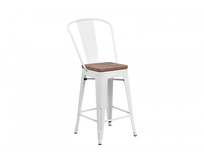 BLNK™ Lily Metal Counter Height Stool with Back and Wood Seat - White