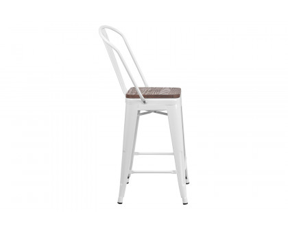 BLNK™ Lily Metal Counter Height Stool with Back and Wood Seat - White