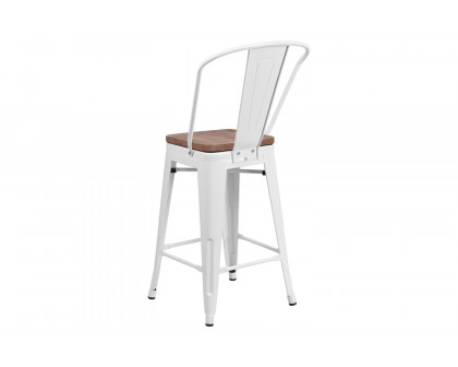 BLNK™ Lily Metal Counter Height Stool with Back and Wood Seat - White