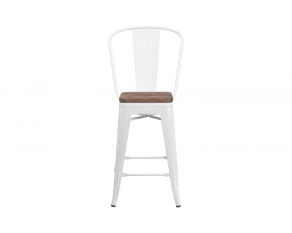 BLNK™ Lily Metal Counter Height Stool with Back and Wood Seat - White