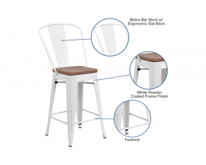 BLNK™ Lily Metal Counter Height Stool with Back and Wood Seat - White