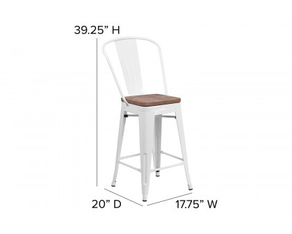 BLNK™ Lily Metal Counter Height Stool with Back and Wood Seat - White