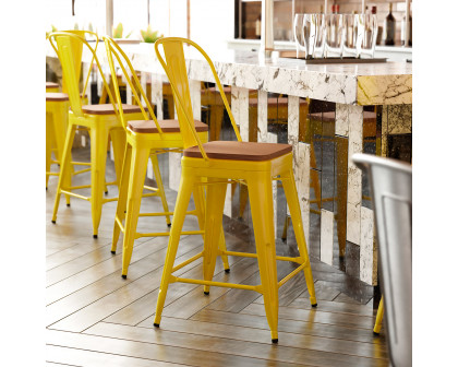 BLNK Kai Commercial Metal Indoor-Outdoor Counter Height Stool with Removable Back and All-Weather Poly Resin Seat