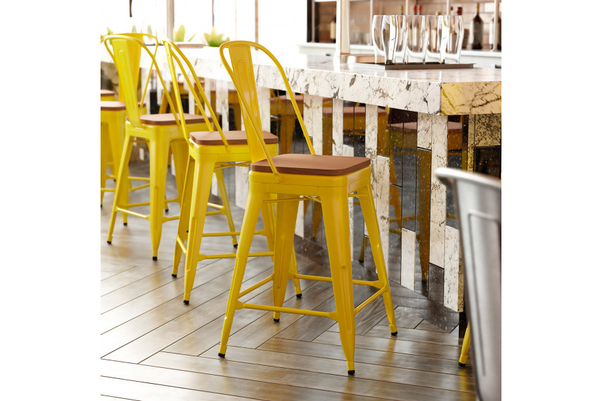 BLNK™ Kai Commercial Metal Indoor-Outdoor Counter Height Stool with Removable Back and All-Weather Poly Resin Seat - Yellow/Teak