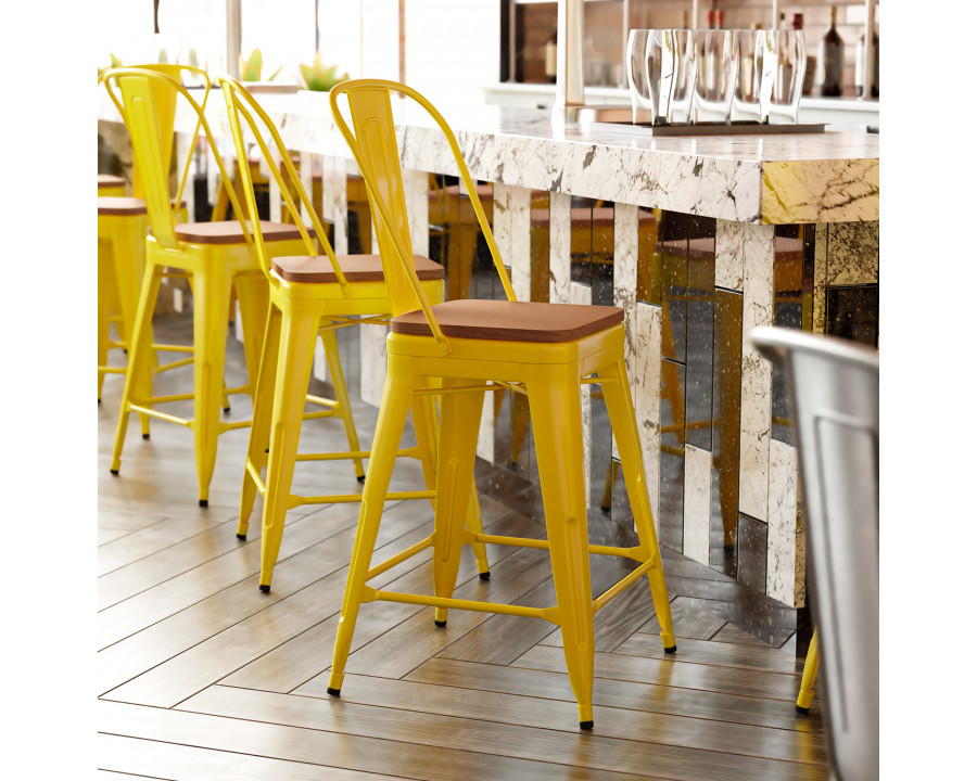 BLNK Kai Commercial Metal Indoor-Outdoor Counter Height Stool with Removable Back and All-Weather Poly Resin Seat - Yellow/Teak