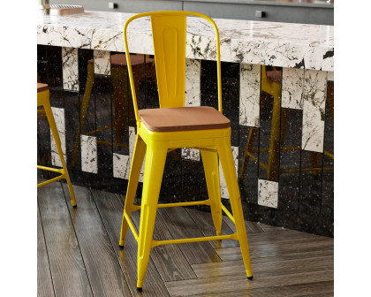 BLNK™ Kai Commercial Metal Indoor-Outdoor Counter Height Stool with Removable Back and All-Weather Poly Resin Seat - Yellow/Teak