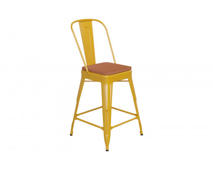 BLNK™ Kai Commercial Metal Indoor-Outdoor Counter Height Stool with Removable Back and All-Weather Poly Resin Seat - Yellow/Teak