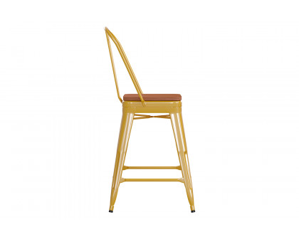 BLNK™ Kai Commercial Metal Indoor-Outdoor Counter Height Stool with Removable Back and All-Weather Poly Resin Seat - Yellow/Teak