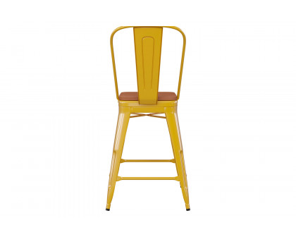 BLNK™ Kai Commercial Metal Indoor-Outdoor Counter Height Stool with Removable Back and All-Weather Poly Resin Seat - Yellow/Teak