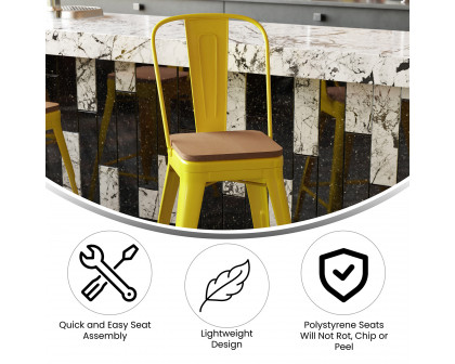 BLNK™ Kai Commercial Metal Indoor-Outdoor Counter Height Stool with Removable Back and All-Weather Poly Resin Seat - Yellow/Teak