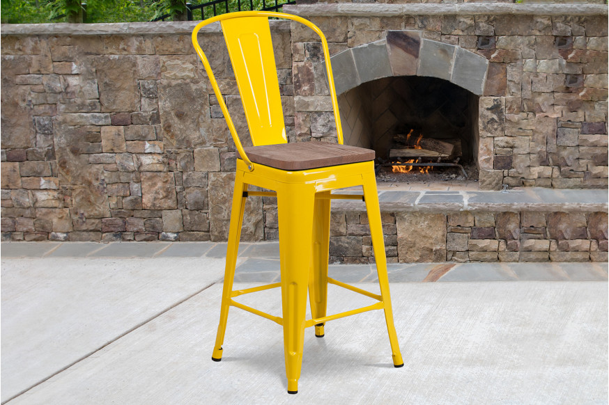 BLNK™ Lily Metal Counter Height Stool with Back and Wood Seat - Yellow