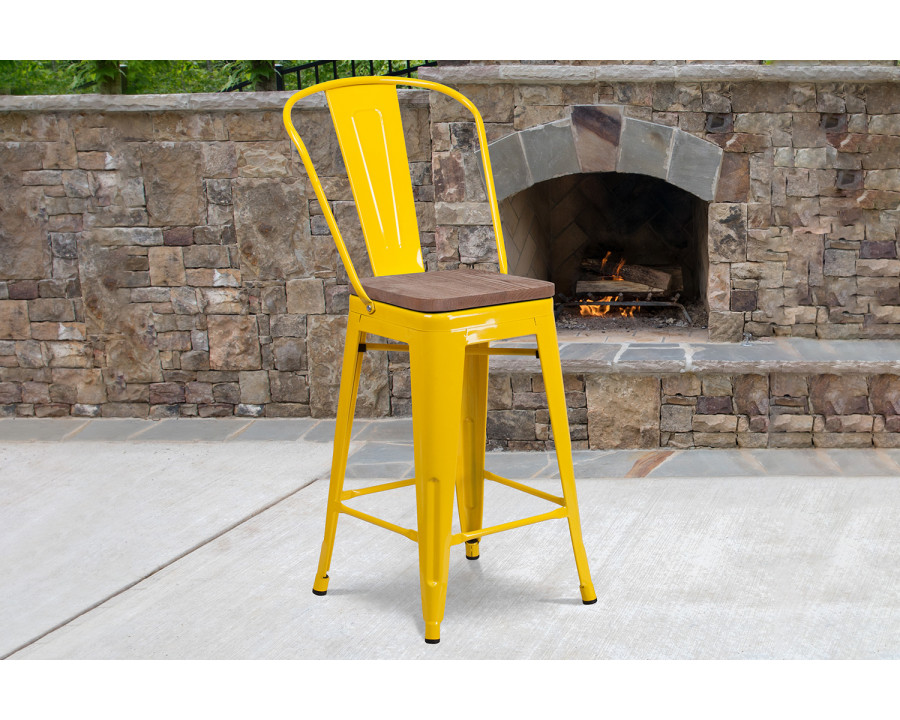 BLNK Lily Metal Counter Height Stool with Back and Wood Seat - Yellow