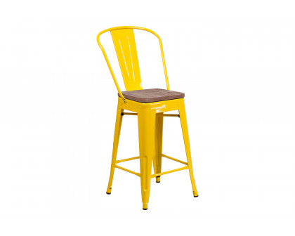 BLNK™ Lily Metal Counter Height Stool with Back and Wood Seat - Yellow