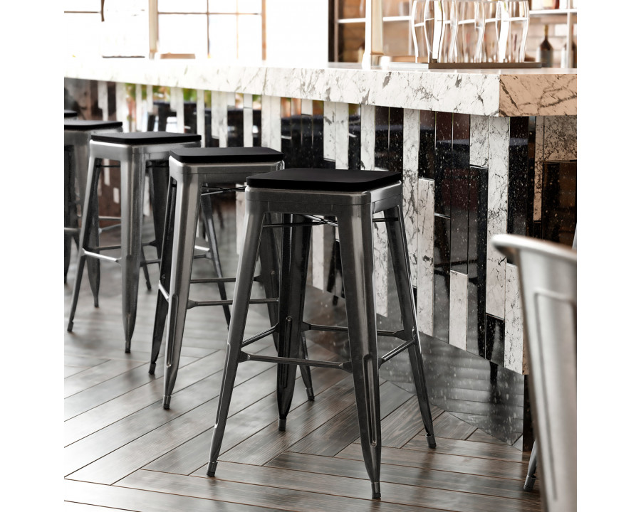 BLNK Kai Commercial Metal Backless Indoor-Outdoor Bar Stool with Poly Resin Wood Seat