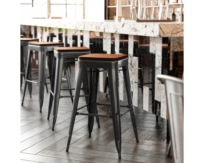 BLNK Kai Commercial Metal Backless Indoor-Outdoor Bar Stool with Poly Resin Wood Seat