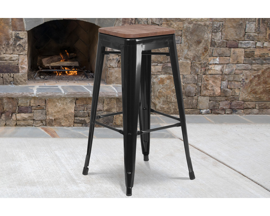 BLNK Lily Metal Bar Stool with Wood Seat - Black