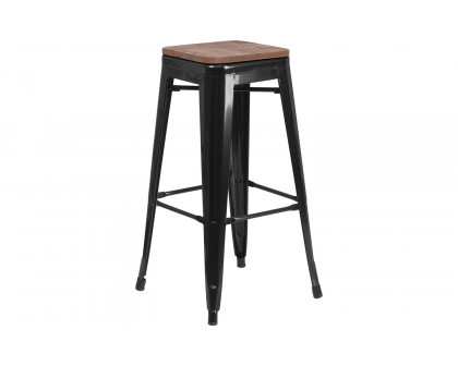 BLNK Lily Metal Bar Stool with Wood Seat - Black