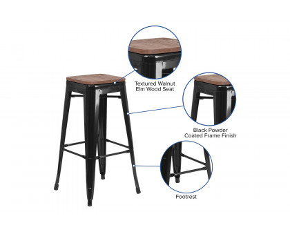 BLNK Lily Metal Bar Stool with Wood Seat - Black