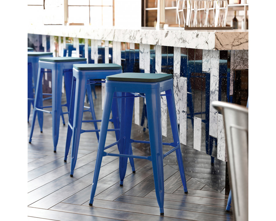 BLNK Kai Commercial Metal Backless Indoor-Outdoor Bar Stool with Poly Resin Wood Seat - Blue/Teal Blue